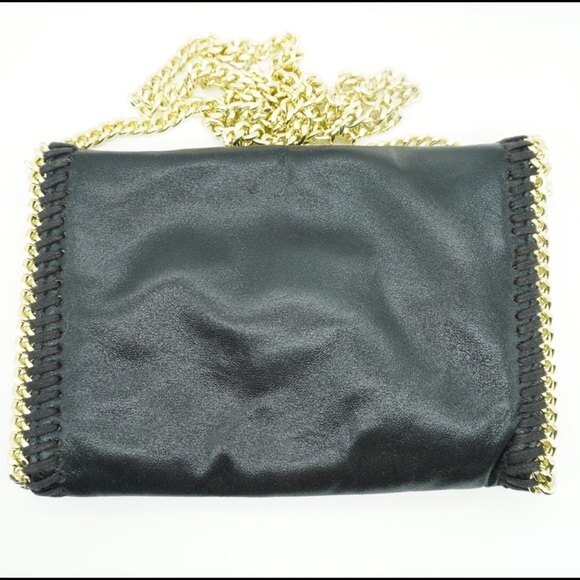 Steve Madden Black Satiny Fold Over Crossbody Purse with Gold Tone Chain - Picture 3 of 10